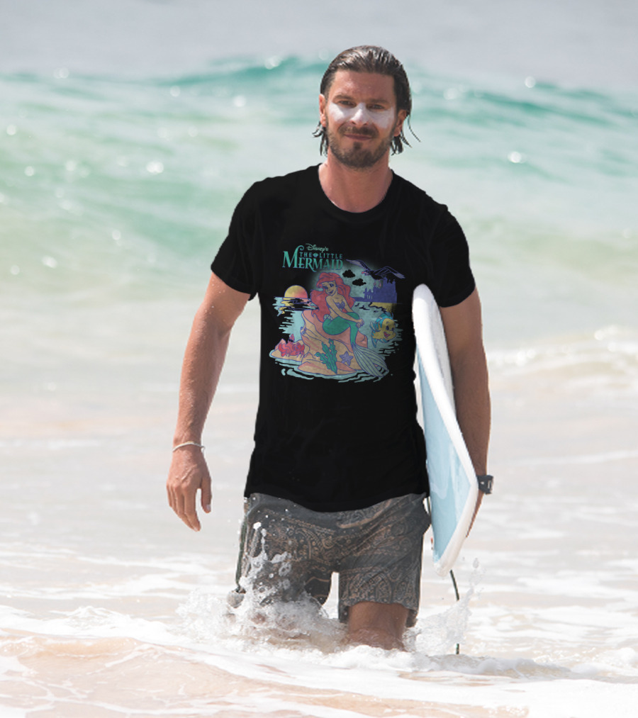 Disney's The Little Mermaid Ariel With Flounder And Sebastian By Castle At Sunset T-Shirt