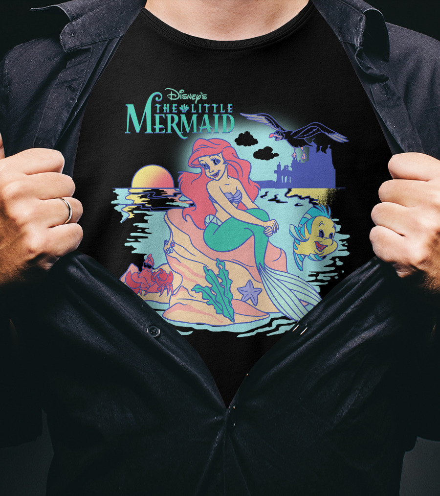 Disney's The Little Mermaid Ariel With Flounder And Sebastian By Castle At Sunset T-Shirt