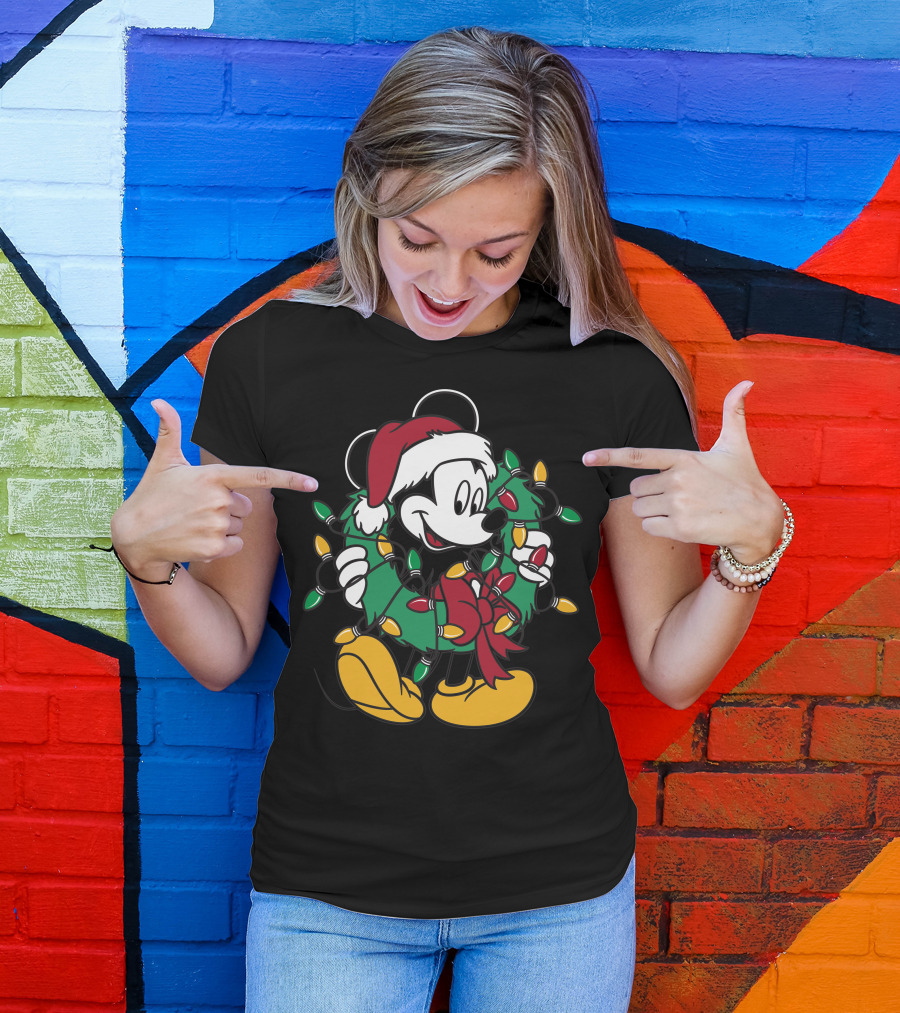 Disney Mickey Mouse Christmas Wreath Lights Santa Hat Holiday Decor T-Shirt