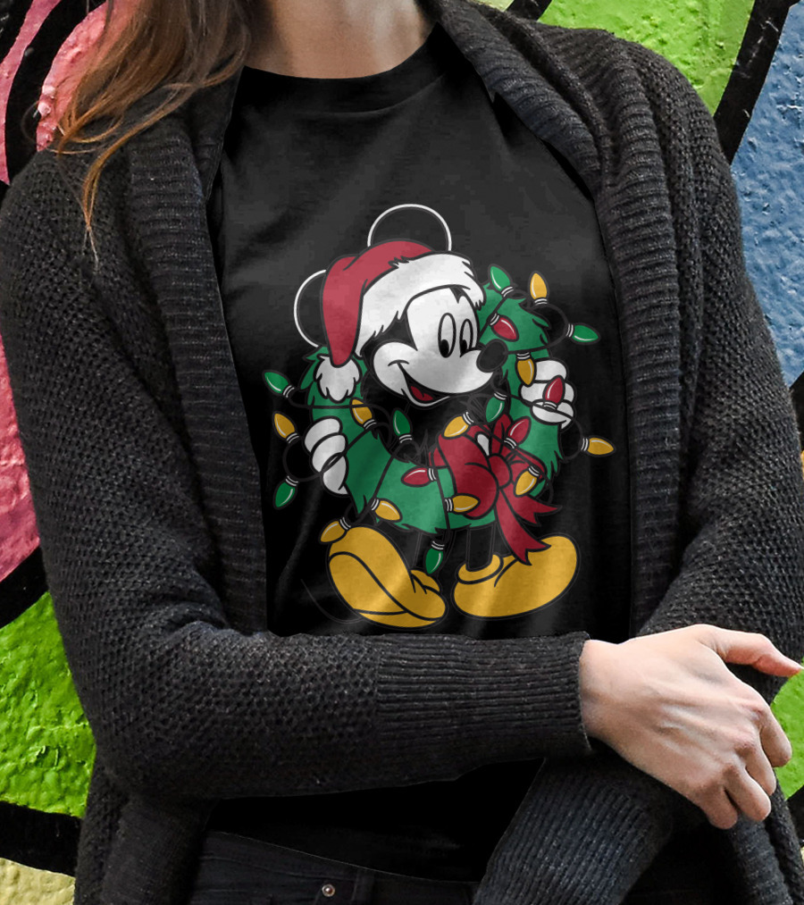 Disney Mickey Mouse Christmas Wreath Lights Santa Hat Holiday Decor T-Shirt