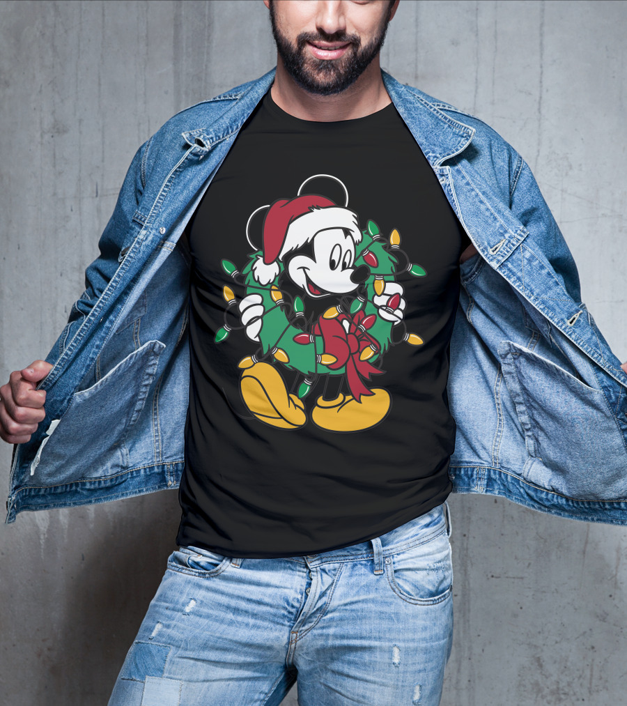 Disney Mickey Mouse Christmas Wreath Lights Santa Hat Holiday Decor T-Shirt