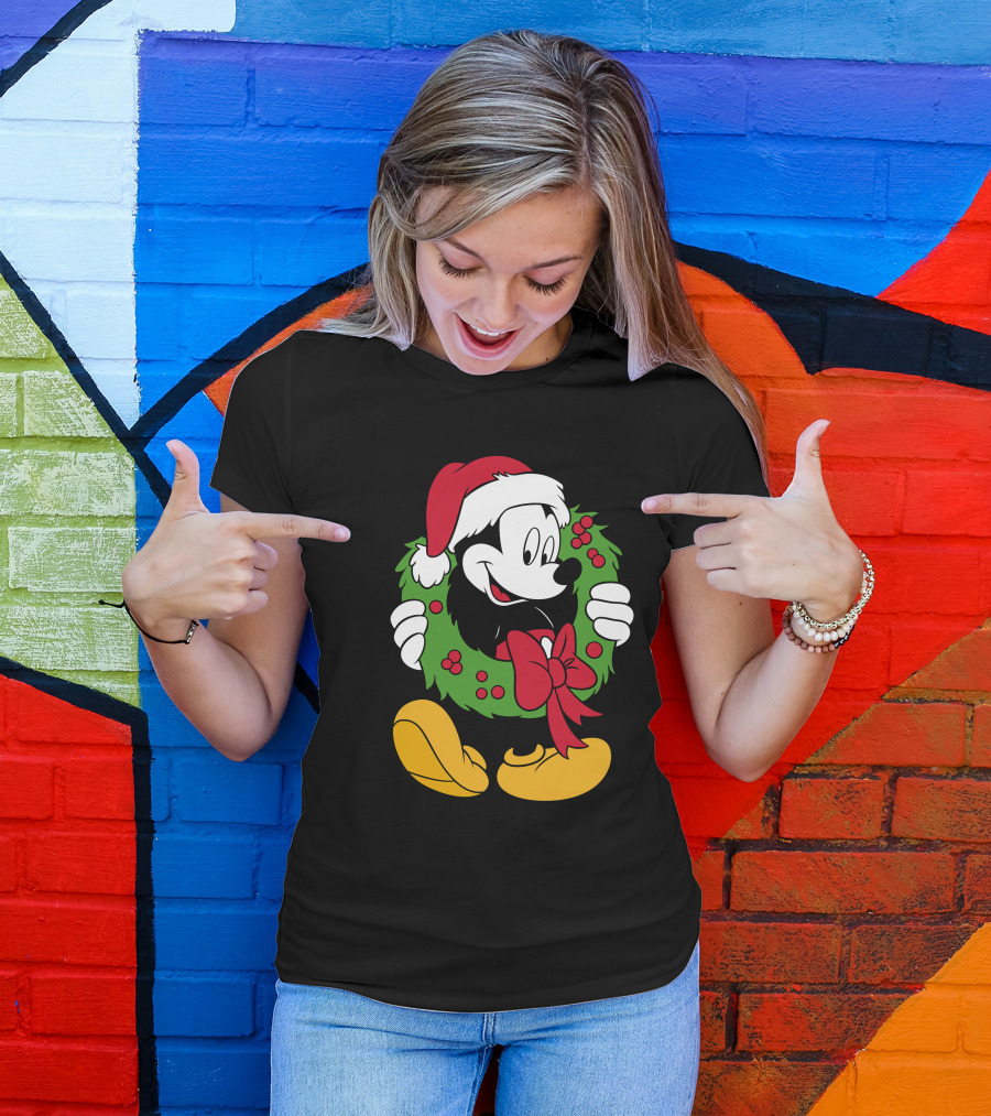 Disney Mickey Mouse Christmas Santa Hat Wreath Bow T-Shirt