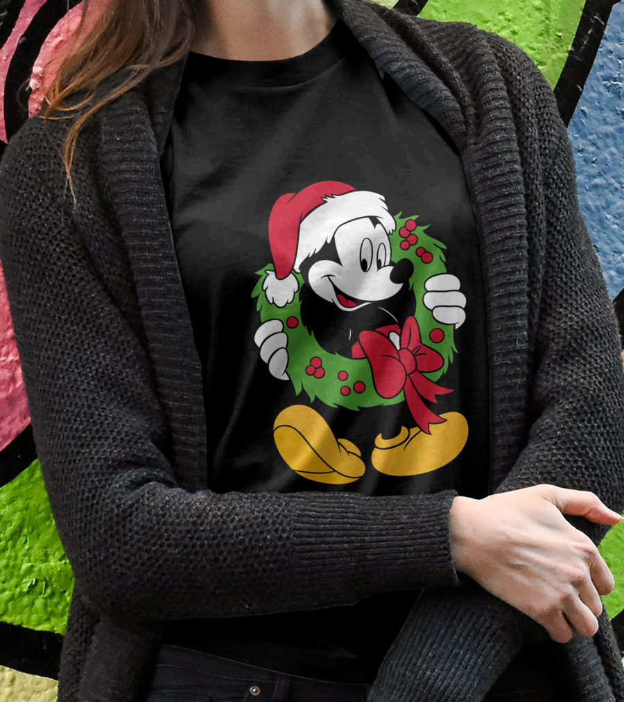 Disney Mickey Mouse Christmas Santa Hat Wreath Bow T-Shirt