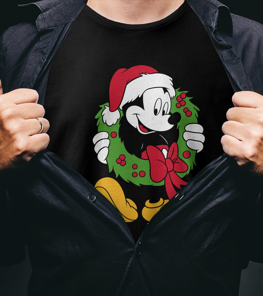 Disney Mickey Mouse Christmas Santa Hat Wreath Bow T-Shirt