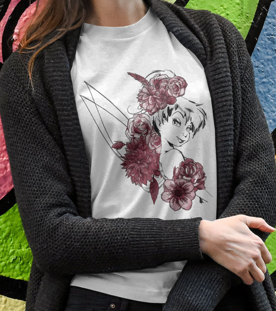 Disney Peter Pan Tinkerbell Red Floral Outline T-Shirt