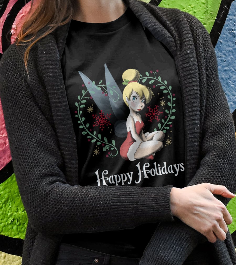 Disney Peter Pan Tinkerbell Happy Holidays Christmas Snowflakes T-Shirt