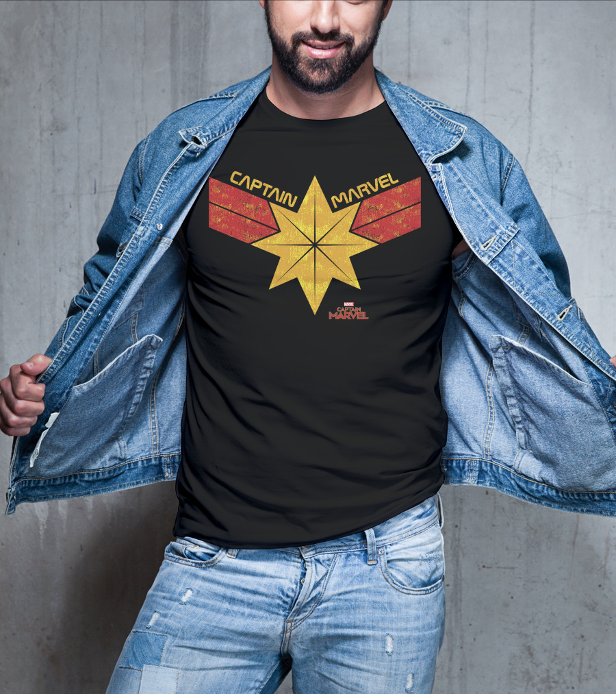 Captain Marvel Distressed Star Emblem With Red Ribbons T-Shirt