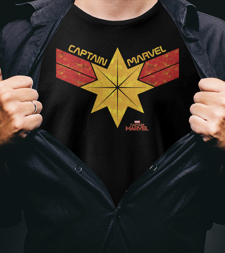 Captain Marvel Distressed Star Emblem With Red Ribbons T-Shirt