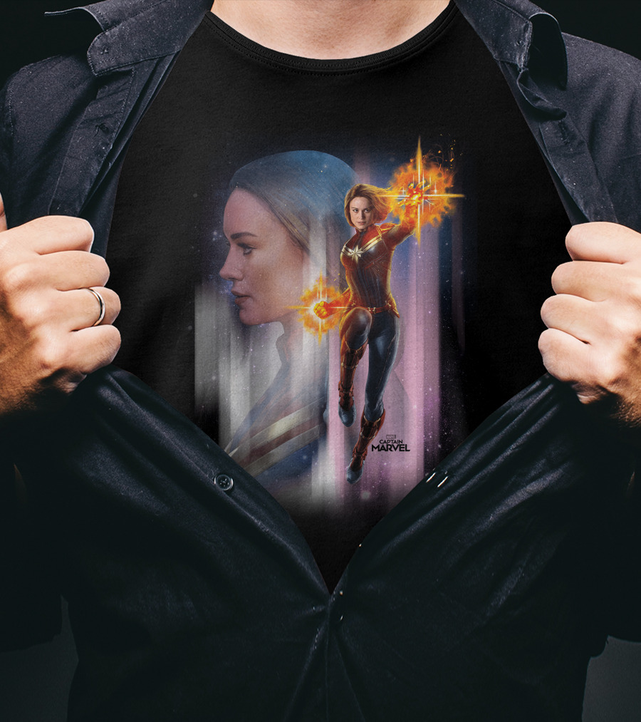 Captain Marvel Energy-Powered Heroic Flight In Space Adventure T-Shirt