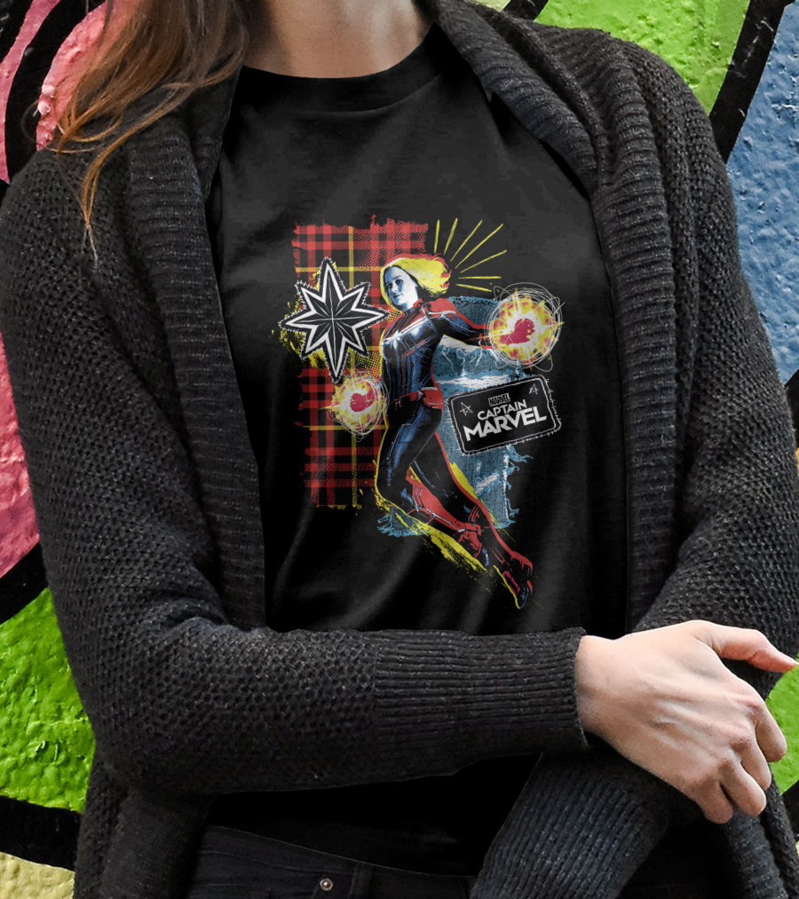 Captain Marvel Starburst Plaid Jean Patch Marvel Comics Hero T-Shirt