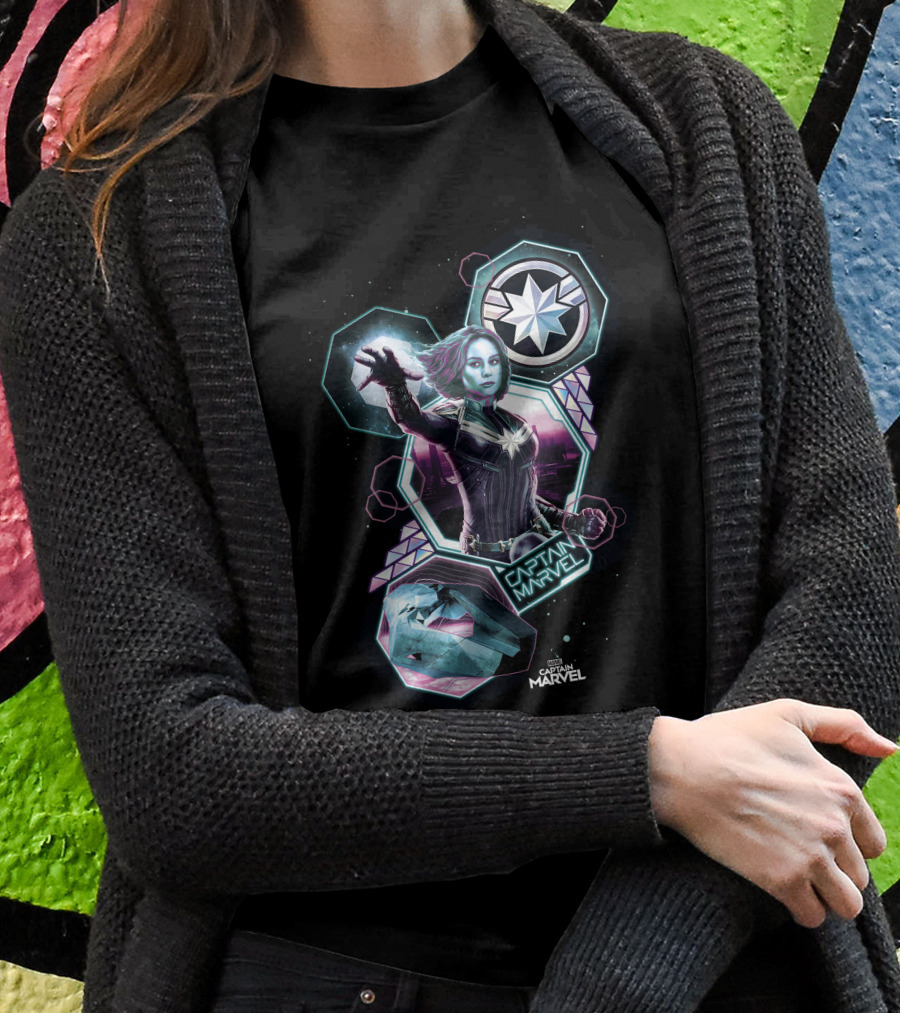 Captain Marvel Cosmic Starburst And Hexagonal Elements T-Shirt