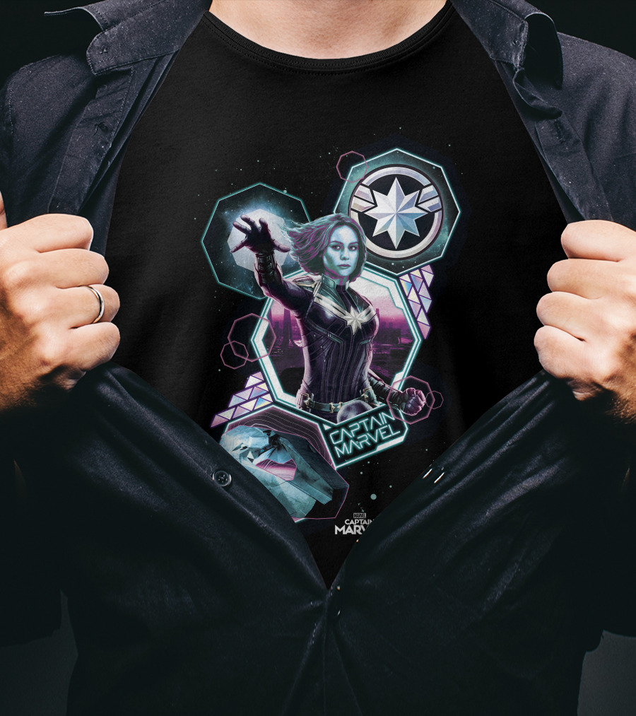 Captain Marvel Cosmic Starburst And Hexagonal Elements T-Shirt