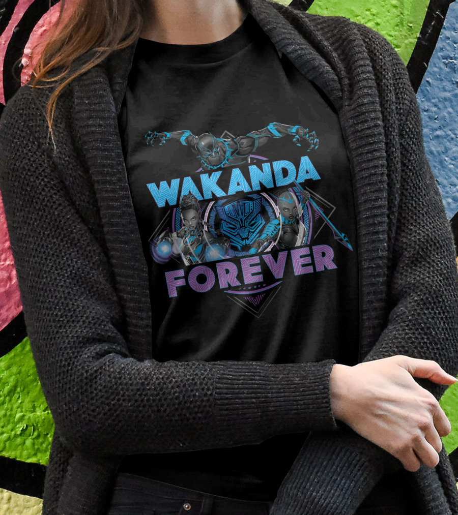 Wakanda Forever Marvel Black Panther Group Shot Blue Purple T-Shirt