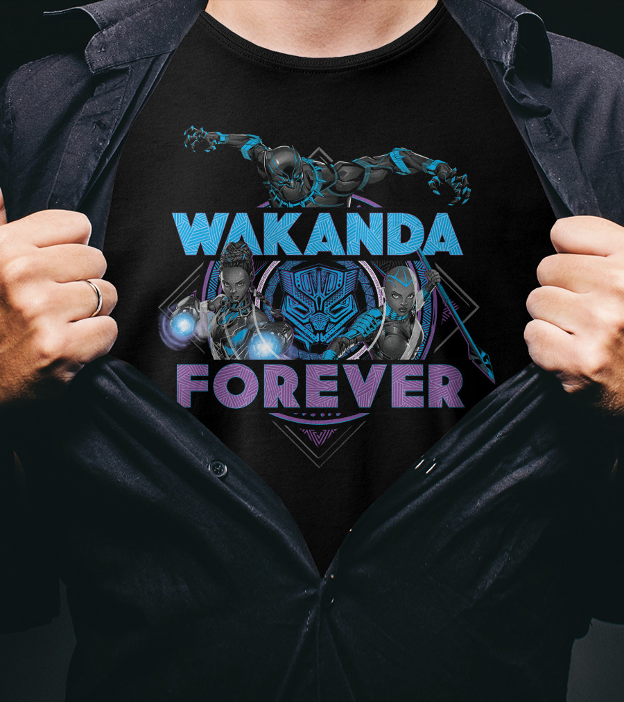 Wakanda Forever Marvel Black Panther Group Shot Blue Purple T-Shirt