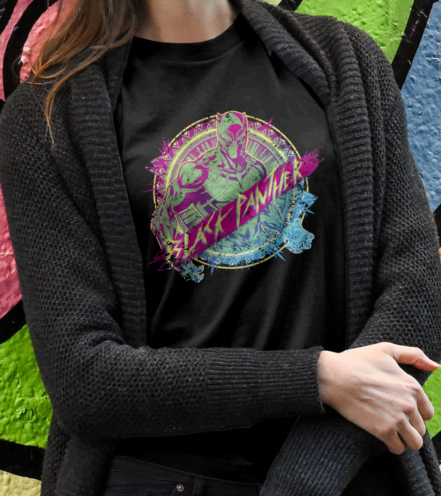 Black Panther Neon Paint Splatter Marvel Text T-Shirt