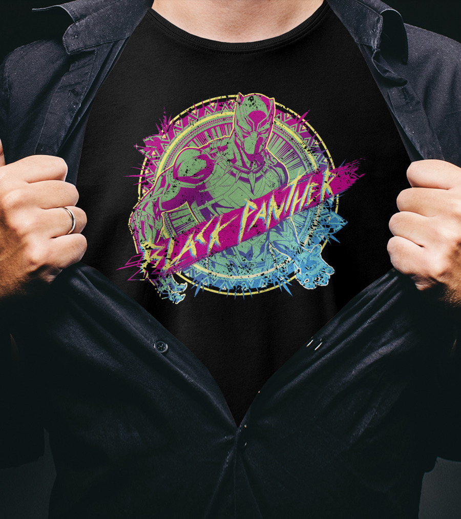 Black Panther Neon Paint Splatter Marvel Text T-Shirt