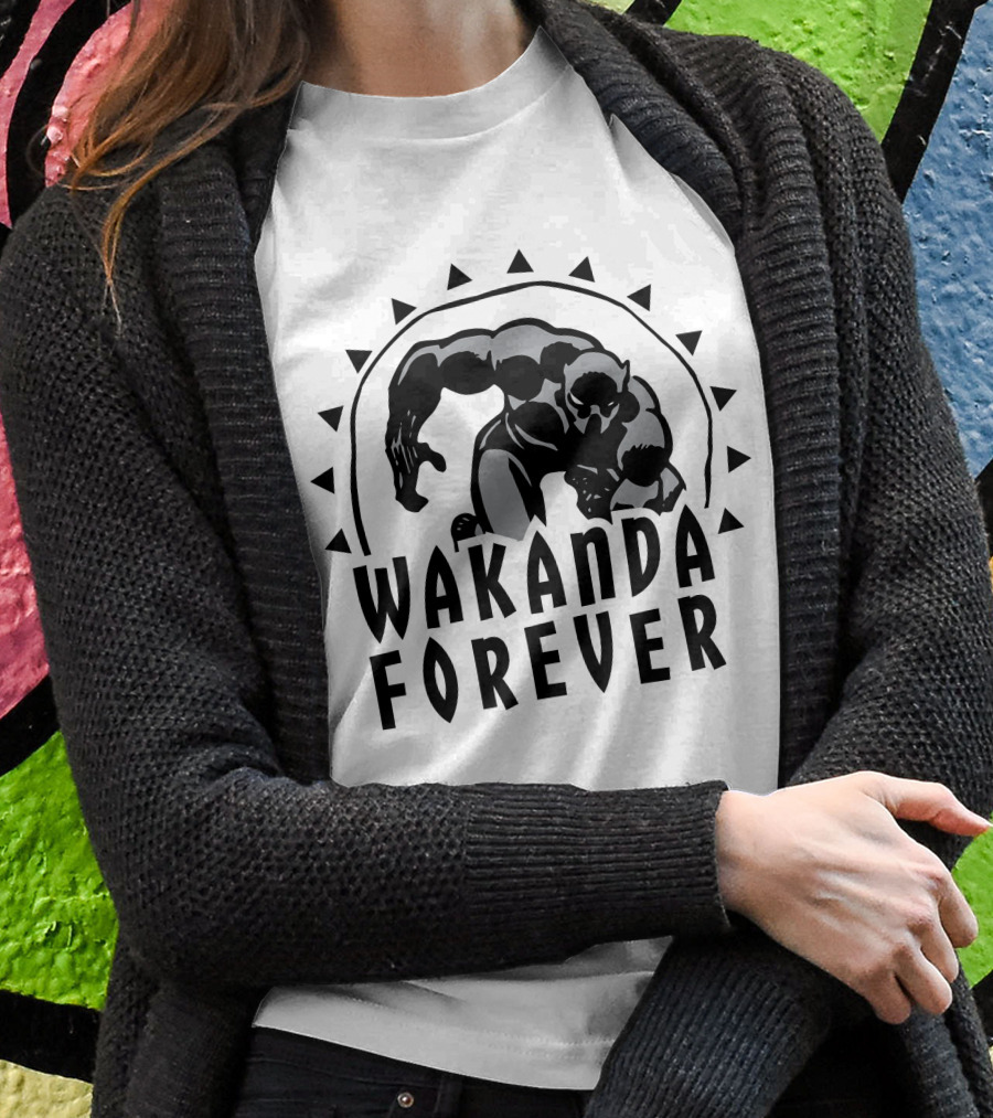 Marvel Black Panther Wakanda Forever Sun Triangles Hero Pose T-Shirt