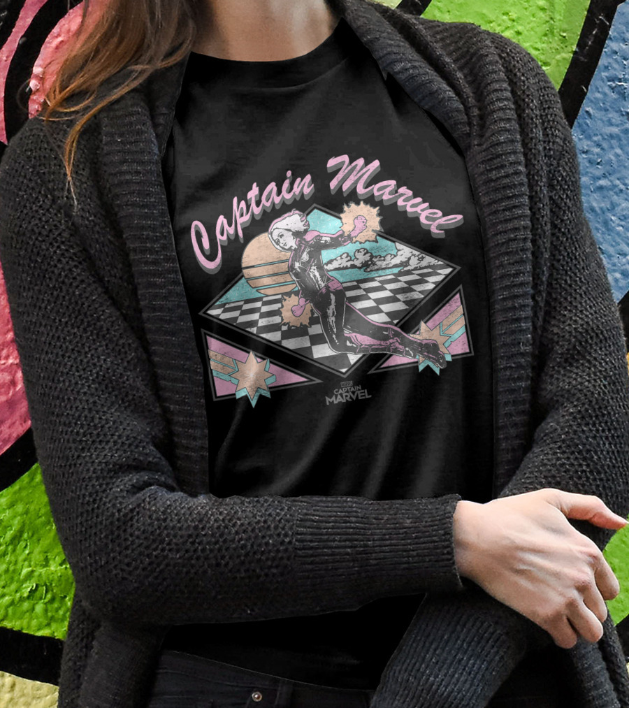 Captain Marvel Retro Checkered Pastel Sunset Superhero Flight T-Shirt