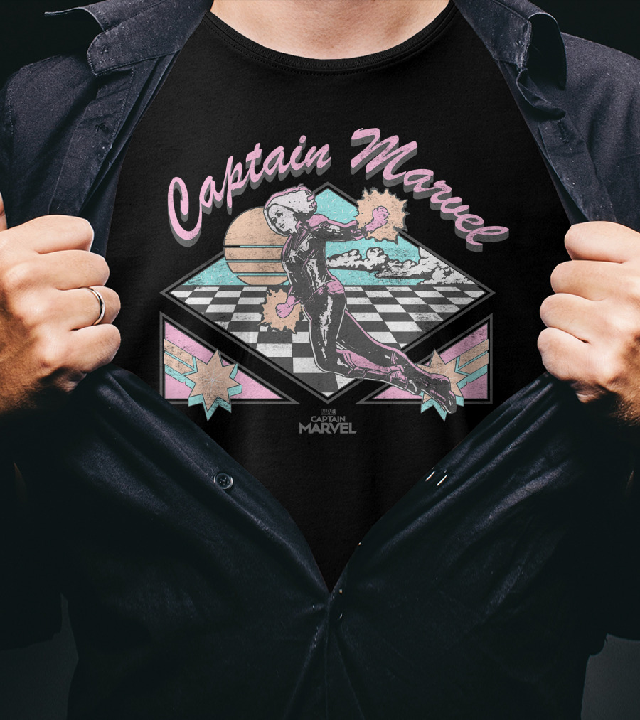 Captain Marvel Retro Checkered Pastel Sunset Superhero Flight T-Shirt