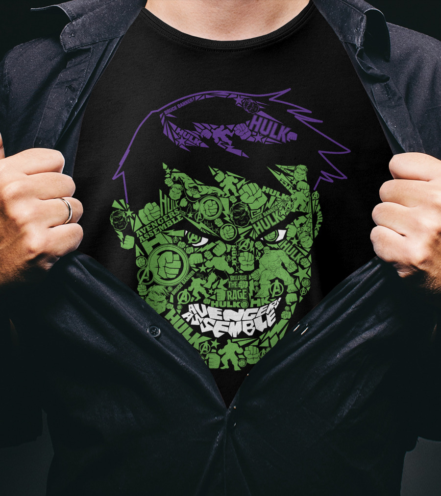 Avengers Assemble Hulk Rage Face With Smash Symbol And Purple Hair Elements T-Shirt