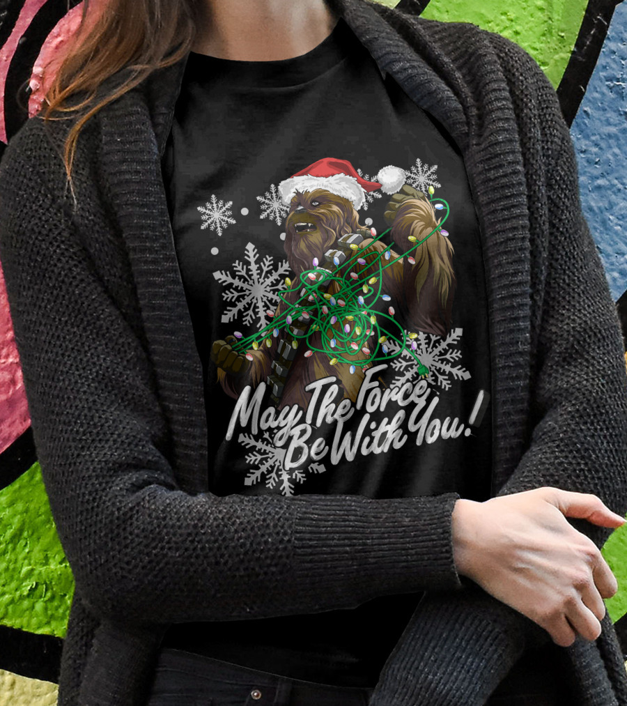 May The Force Be With You Chewbacca Santa Hat Tangled Lights Snowflakes T-Shirt