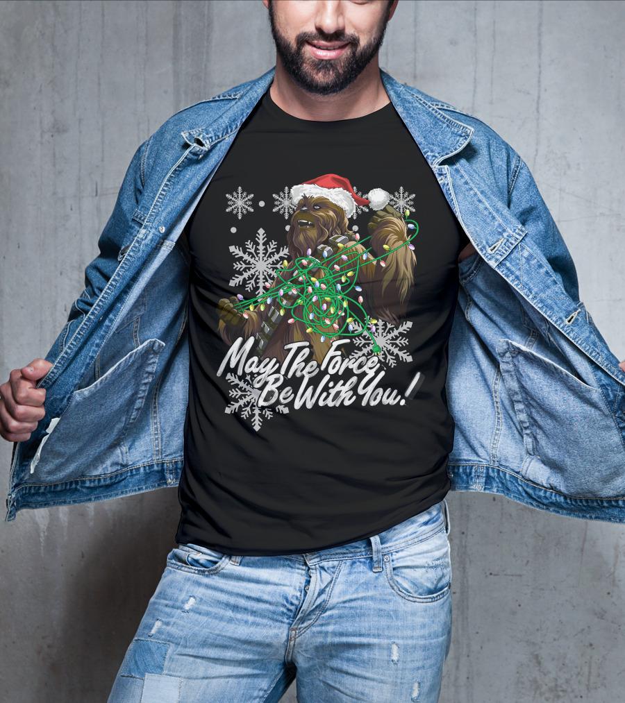 May The Force Be With You Chewbacca Santa Hat Tangled Lights Snowflakes T-Shirt