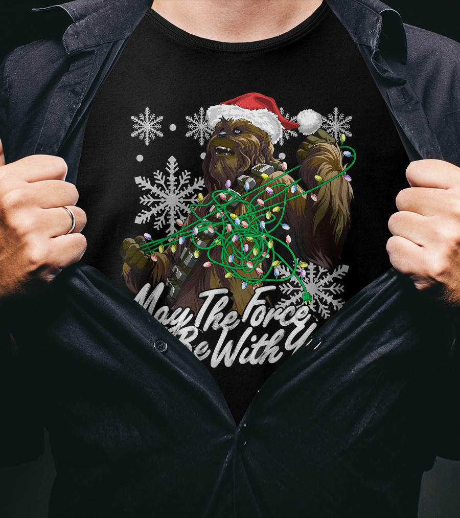 May The Force Be With You Chewbacca Santa Hat Tangled Lights Snowflakes T-Shirt