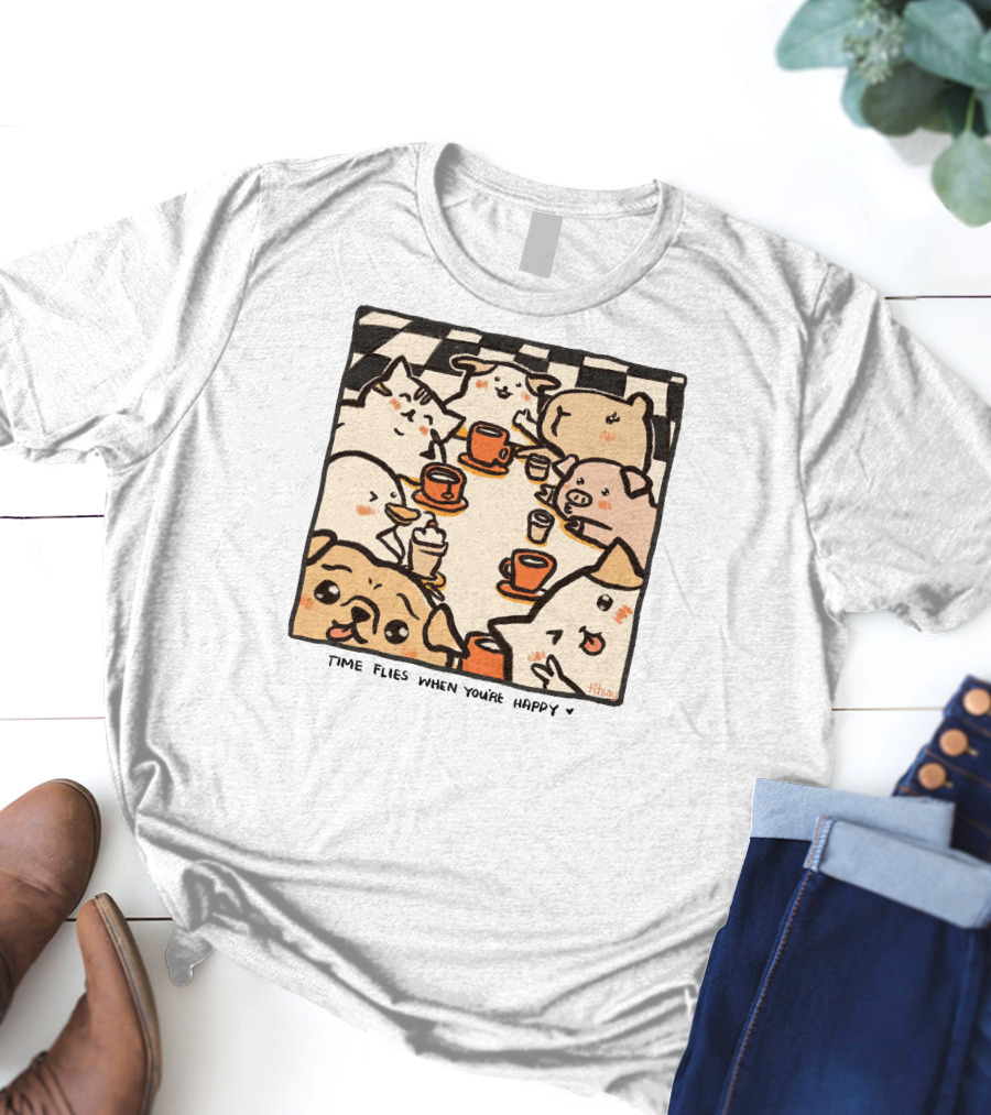 Time Flies When You're Happy With Cute Animals At Coffee Table T-Shirt