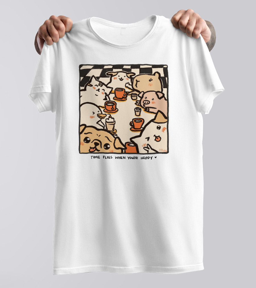 Time Flies When You're Happy With Cute Animals At Coffee Table T-Shirt