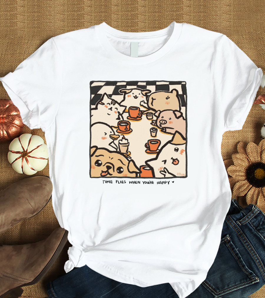 Time Flies When You're Happy With Cute Animals At Coffee Table T-Shirt