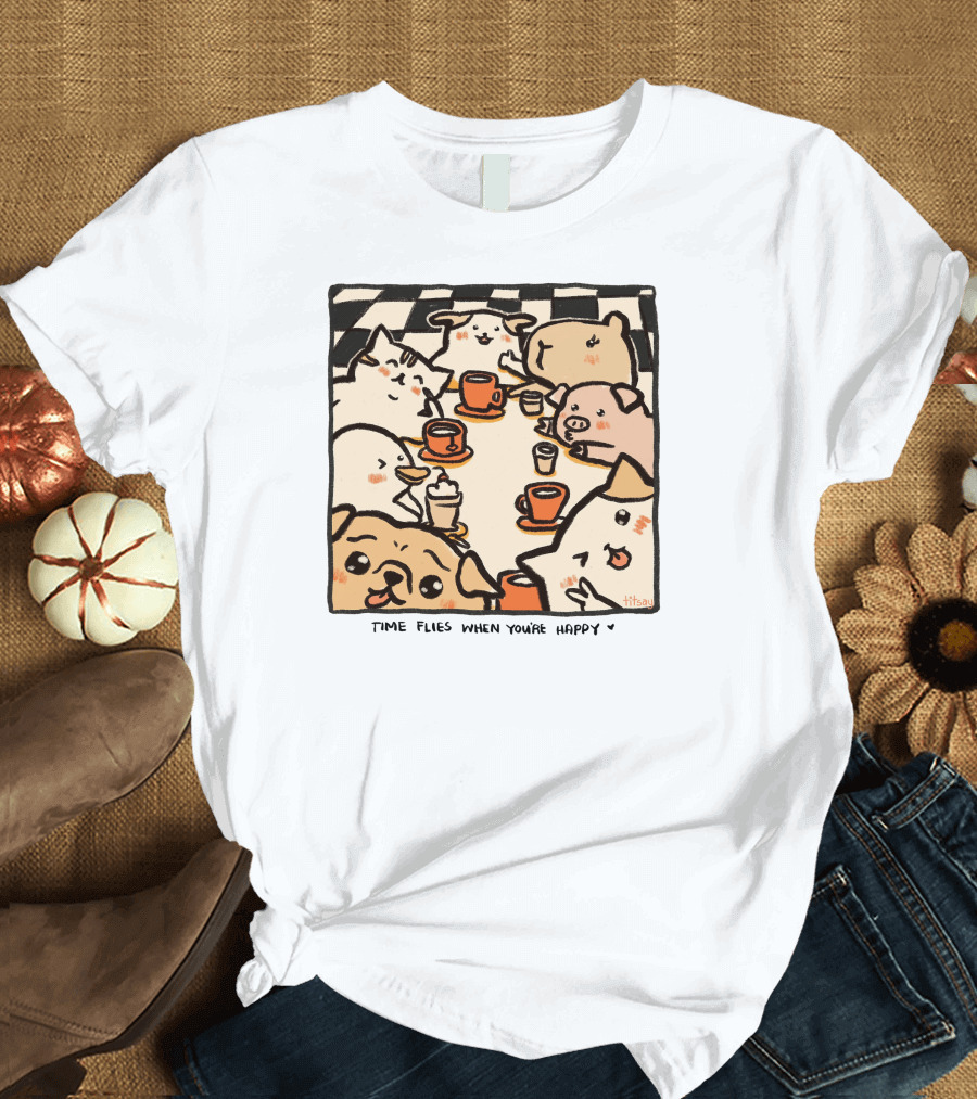 Time Flies When You're Happy With Cute Animals At Coffee Table T-Shirt