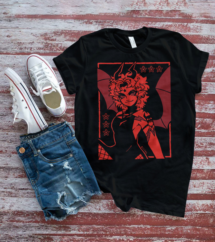 He's Satanic Red Devil Horned Figure With Bat Wings And Stars By Bitol T-Shirt