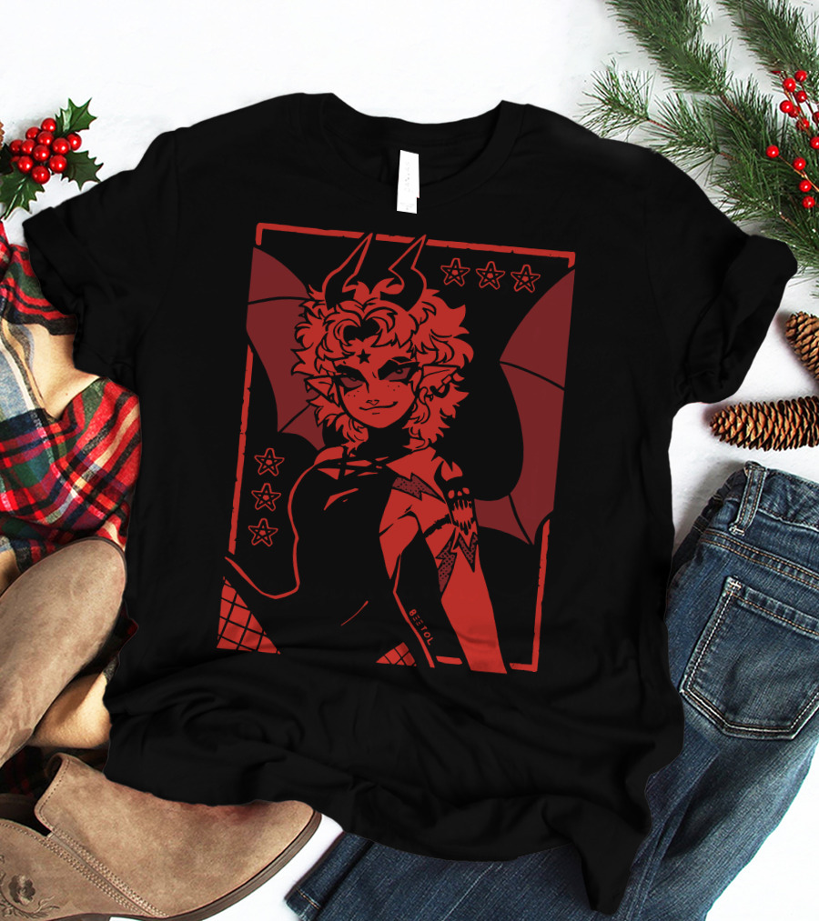 He's Satanic Red Devil Horned Figure With Bat Wings And Stars By Bitol T-Shirt
