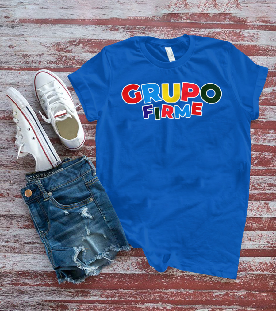 GRUPO FIRME Merch Bold Colorful Text On Blue T-Shirt