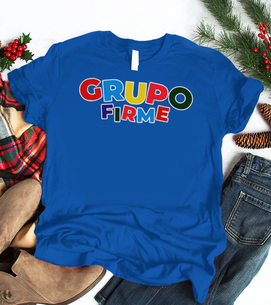GRUPO FIRME Merch Bold Colorful Text On Blue T-Shirt
