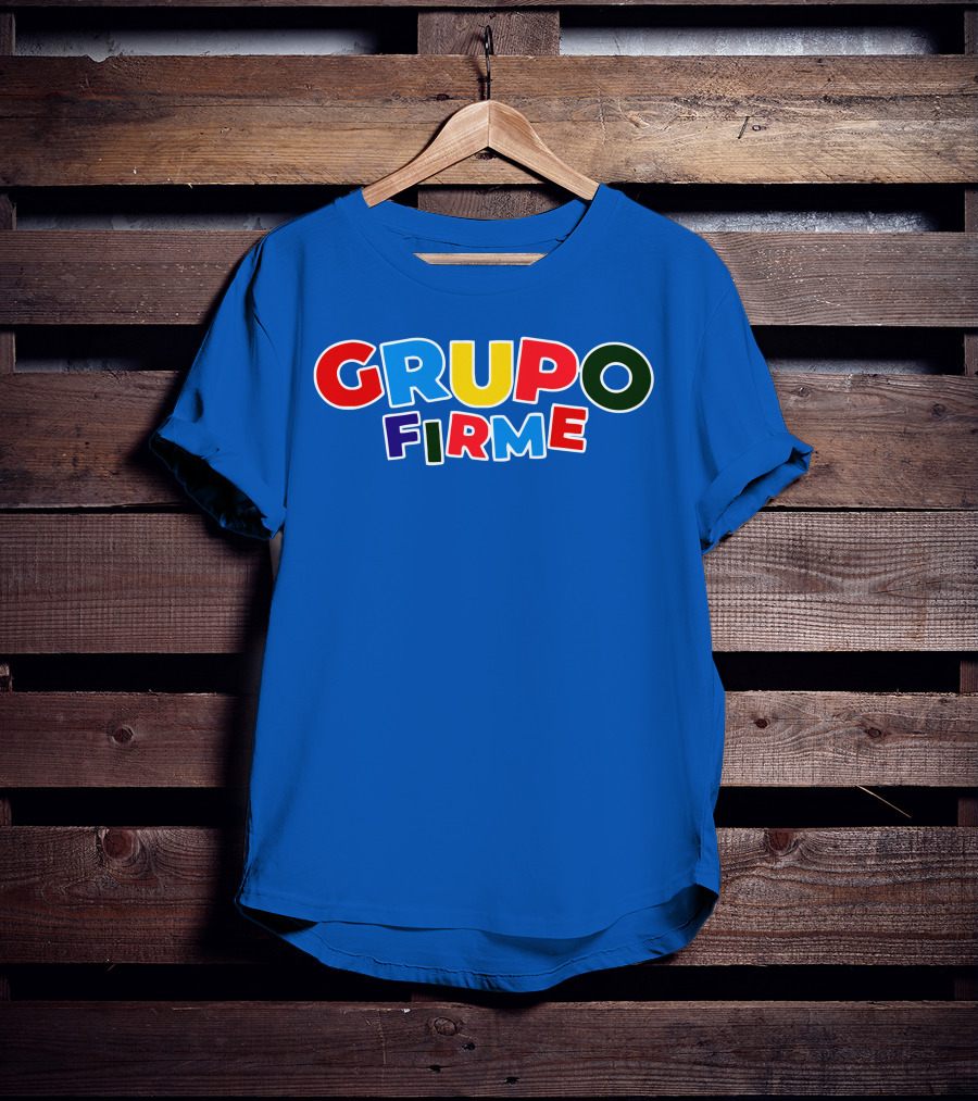 GRUPO FIRME Merch Bold Colorful Text On Blue T-Shirt