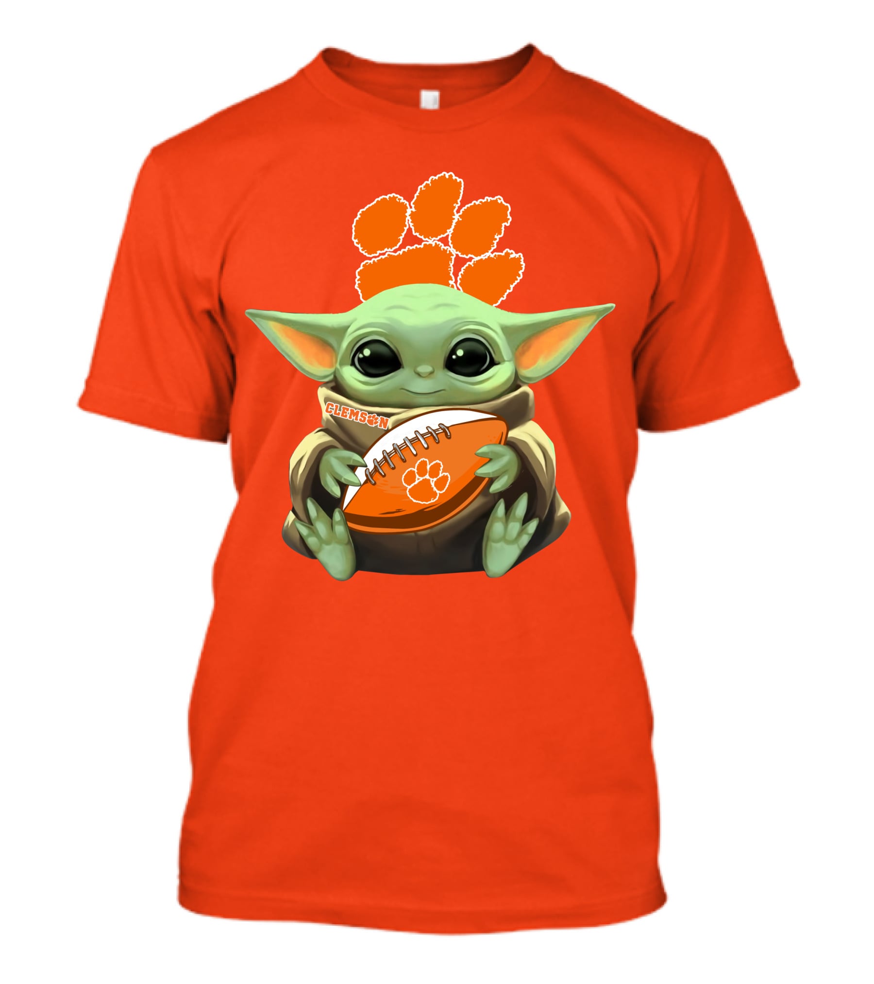 Clemson Orange Paw Baby Yoda Football T-Shirt