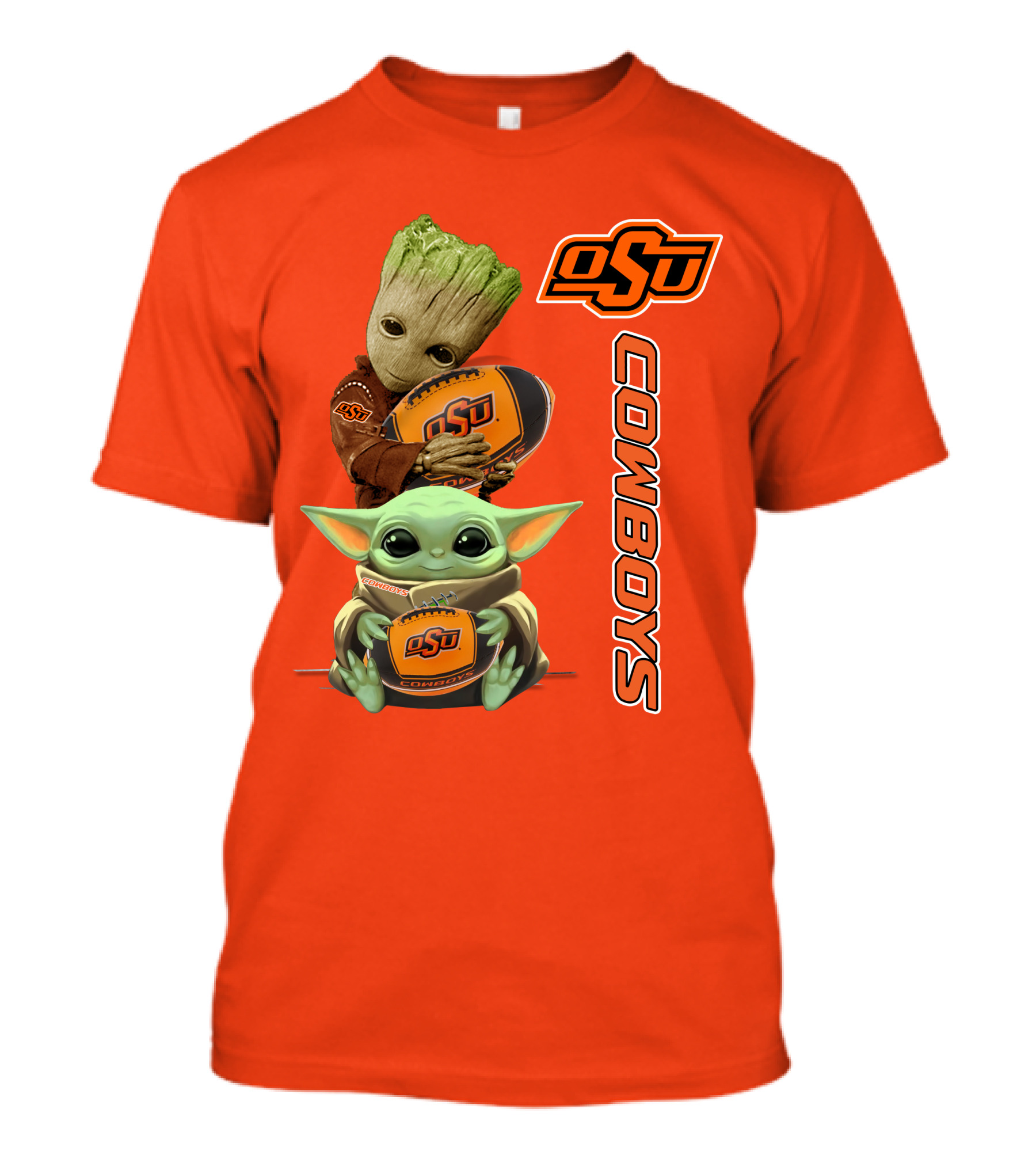Osu Cowboys Groot And Baby Yoda Hugging Football T-Shirt