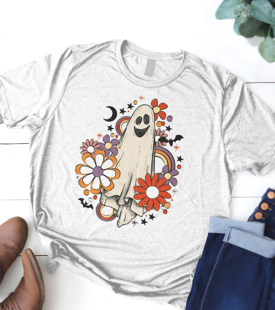 Retro Halloween Ghost With Flowers And Bats T-Shirt
