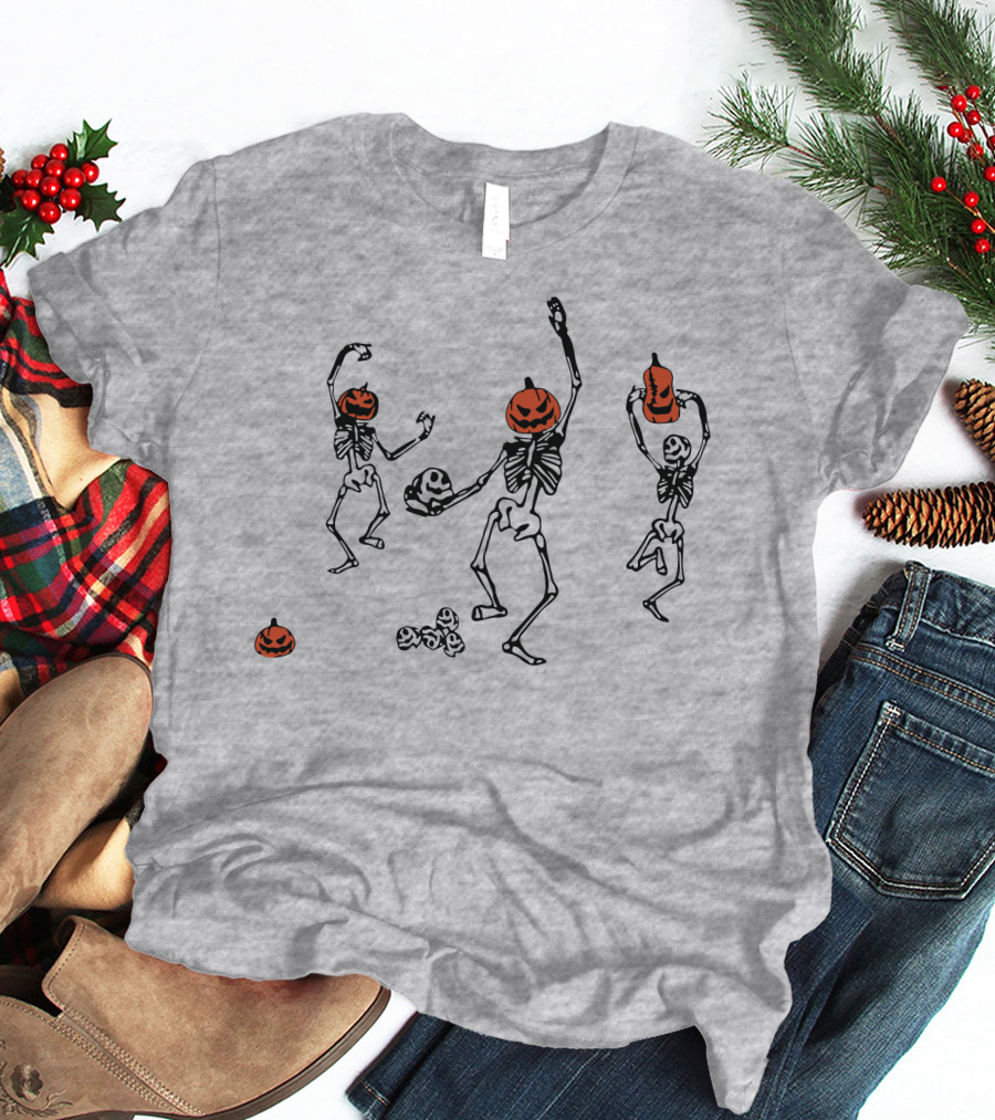 Dancing Pumpkin-Head Skeletons Halloween T-Shirt