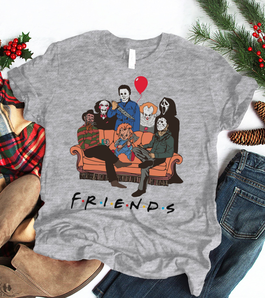 Famous Horror Movie Killers Characters Friends Sitting On Couch With Red Balloon T-Shirt