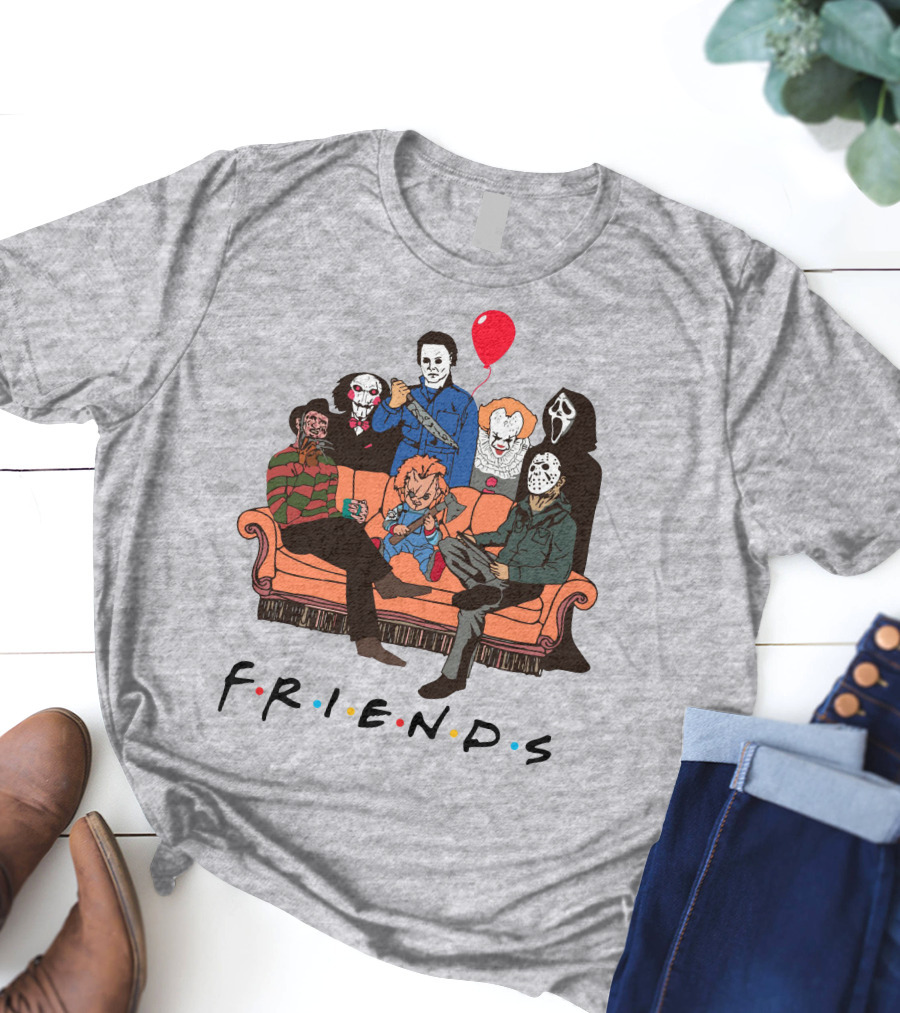 Famous Horror Movie Killers Characters Friends Sitting On Couch With Red Balloon T-Shirt