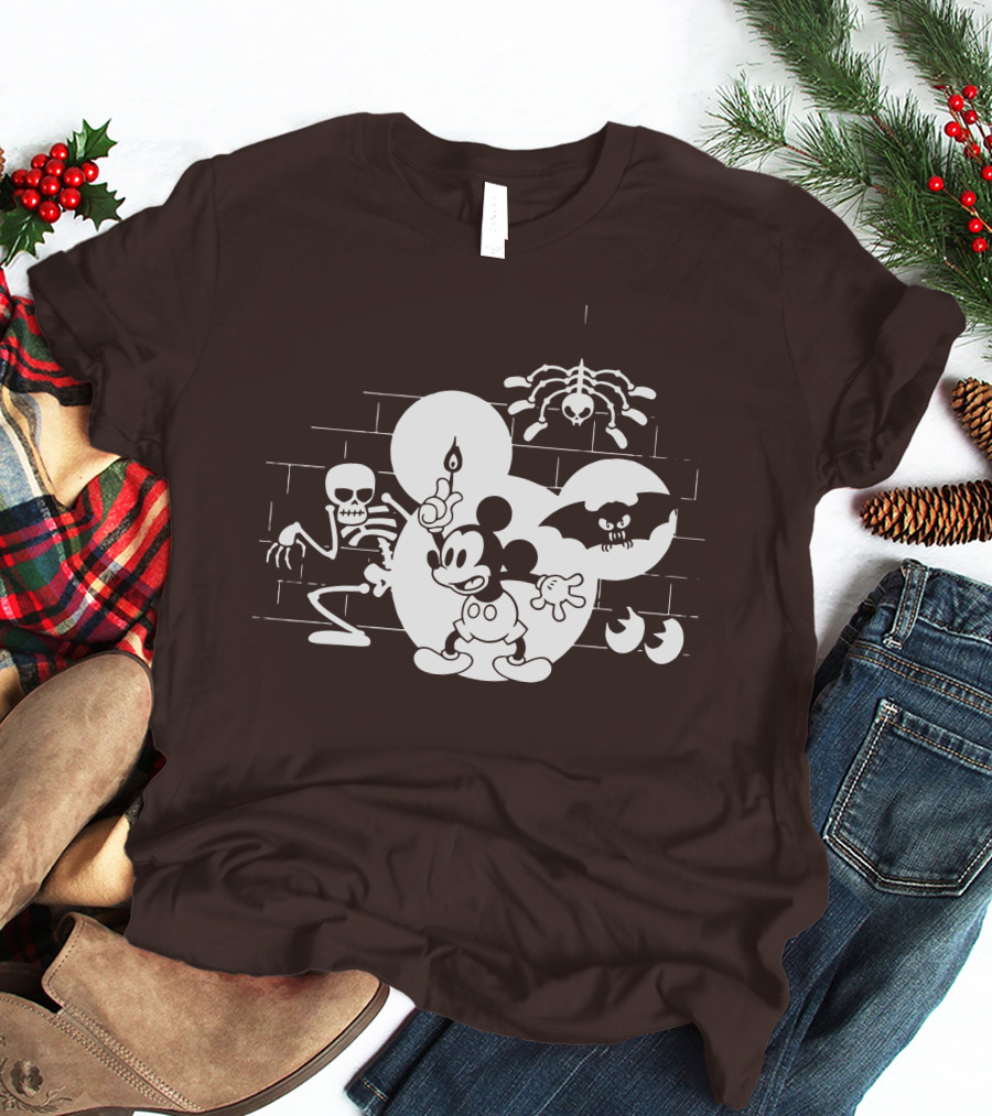 Mickey Mouse Haunted Halloween Mansion With Skeleton And Bat T-Shirt