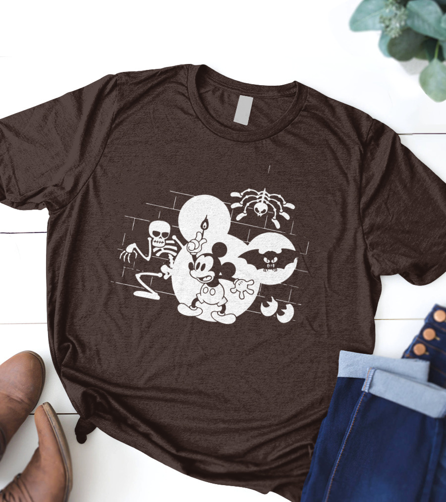 Mickey Mouse Haunted Halloween Mansion With Skeleton And Bat T-Shirt