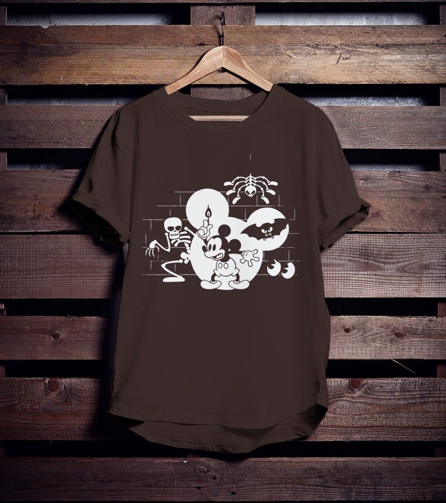 Mickey Mouse Haunted Halloween Mansion With Skeleton And Bat T-Shirt