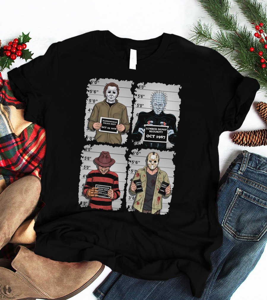 Horror Movie Characters Mugshot Haddonfield Lumber Depot Freddy Elm Street Lake Crystal T-Shirt