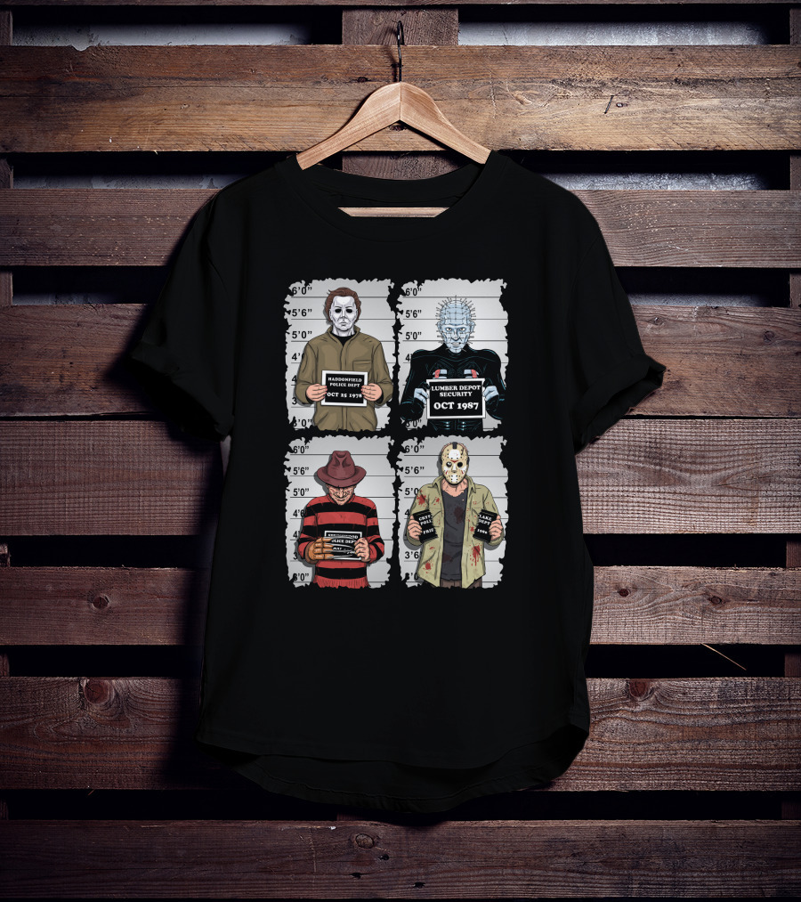 Horror Movie Characters Mugshot Haddonfield Lumber Depot Freddy Elm Street Lake Crystal T-Shirt
