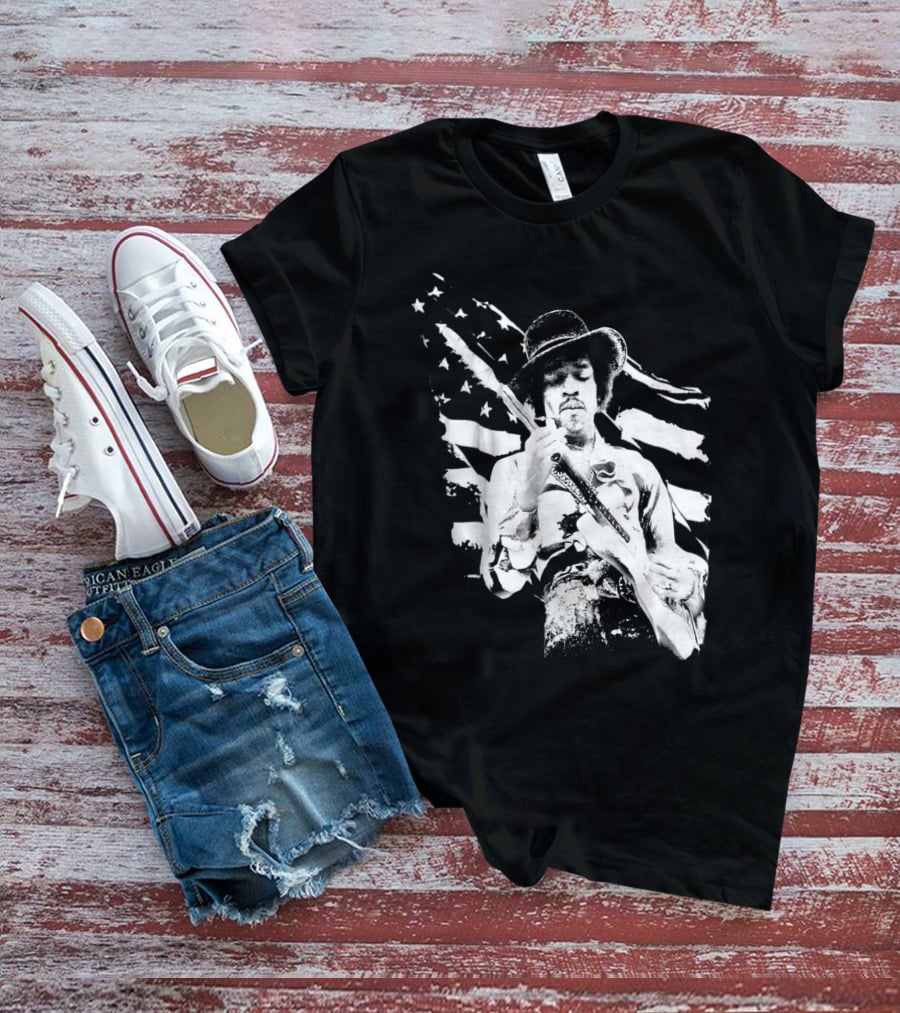 Jimi Hendrix Americana With Stars And Stripes Flag T-Shirt