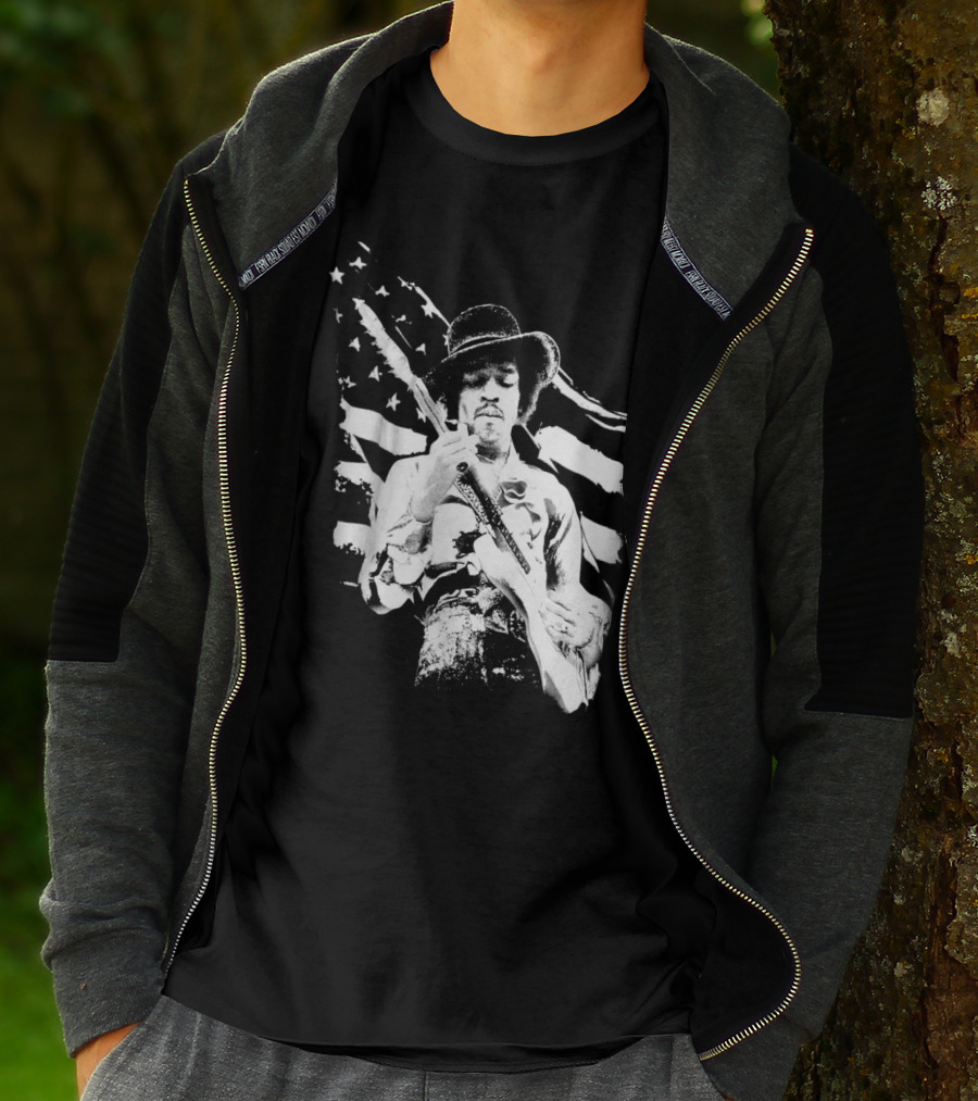 Jimi Hendrix Americana With Stars And Stripes Flag T-Shirt