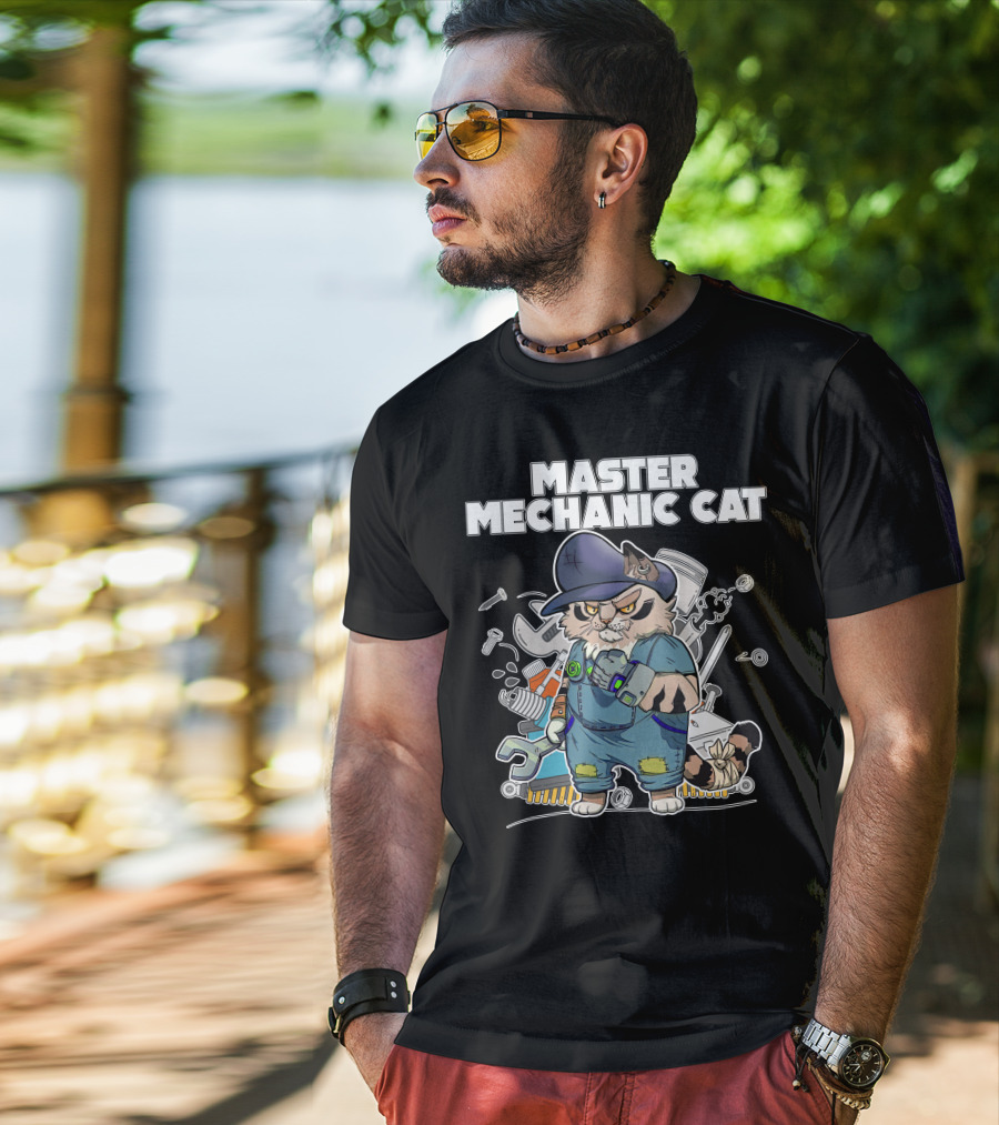 Master Mechanic Cat Repair Crew With Tools And Blue Overalls T-Shirt